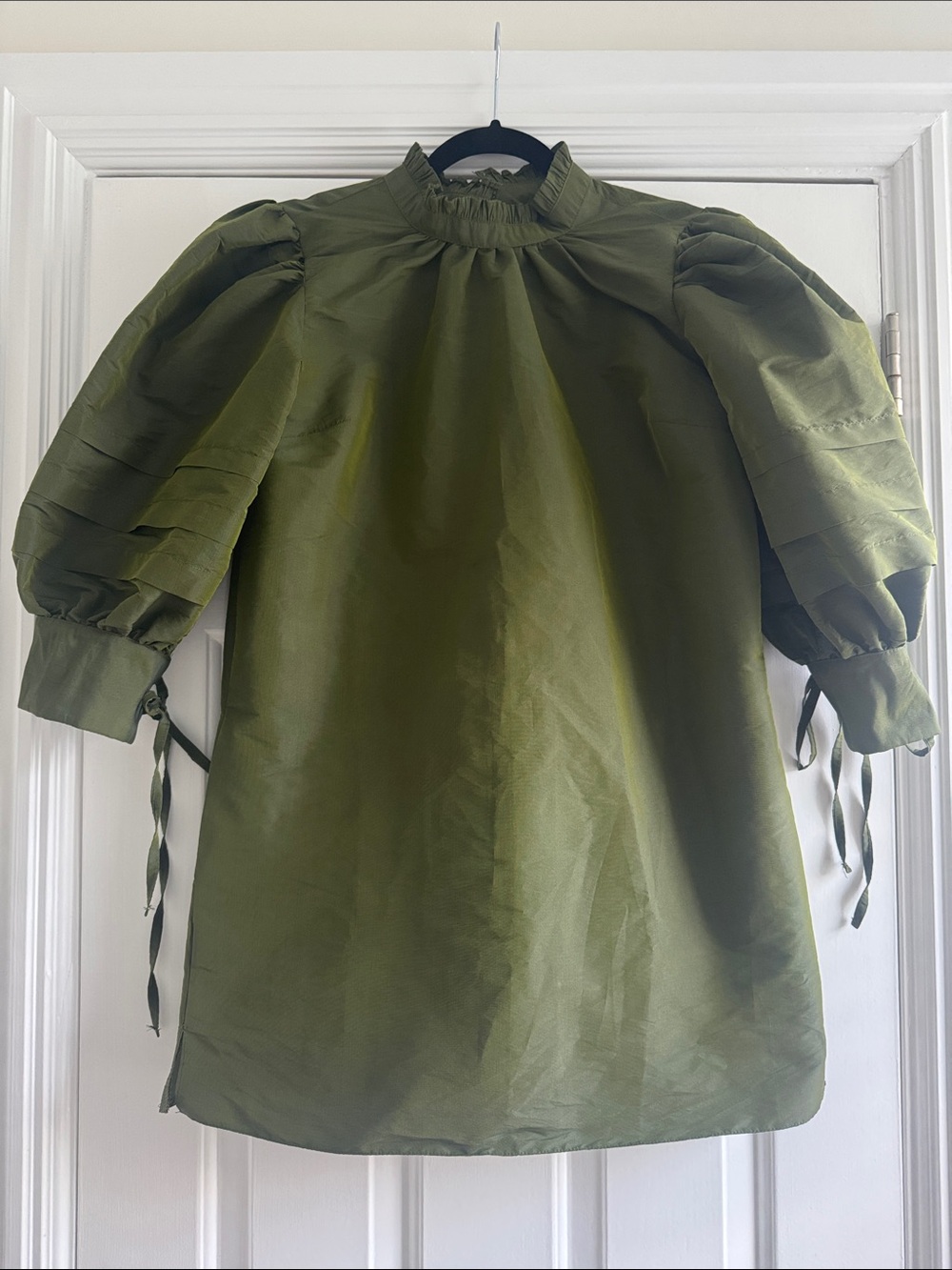 Topshop Olive Green High Neck Puff Sleeve Polyester Mini Dress Side Ties - Size